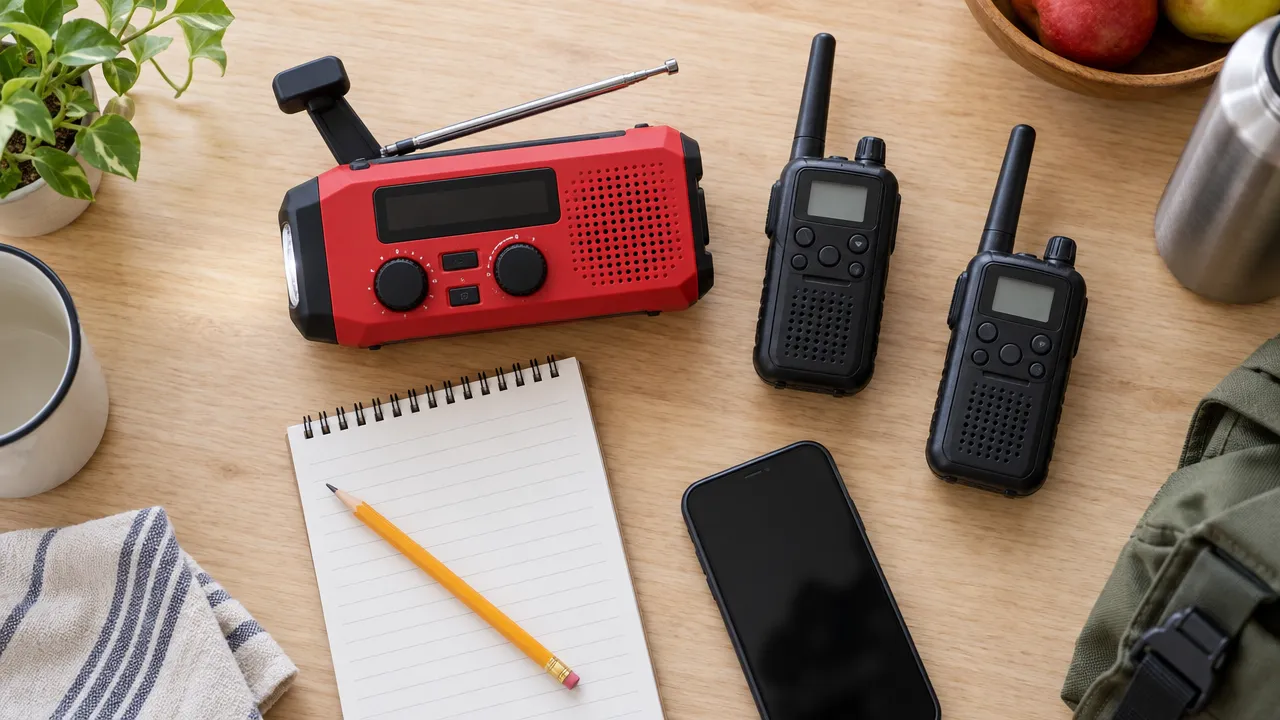 Emergency crank radio and walkie-talkies on a kitchen table