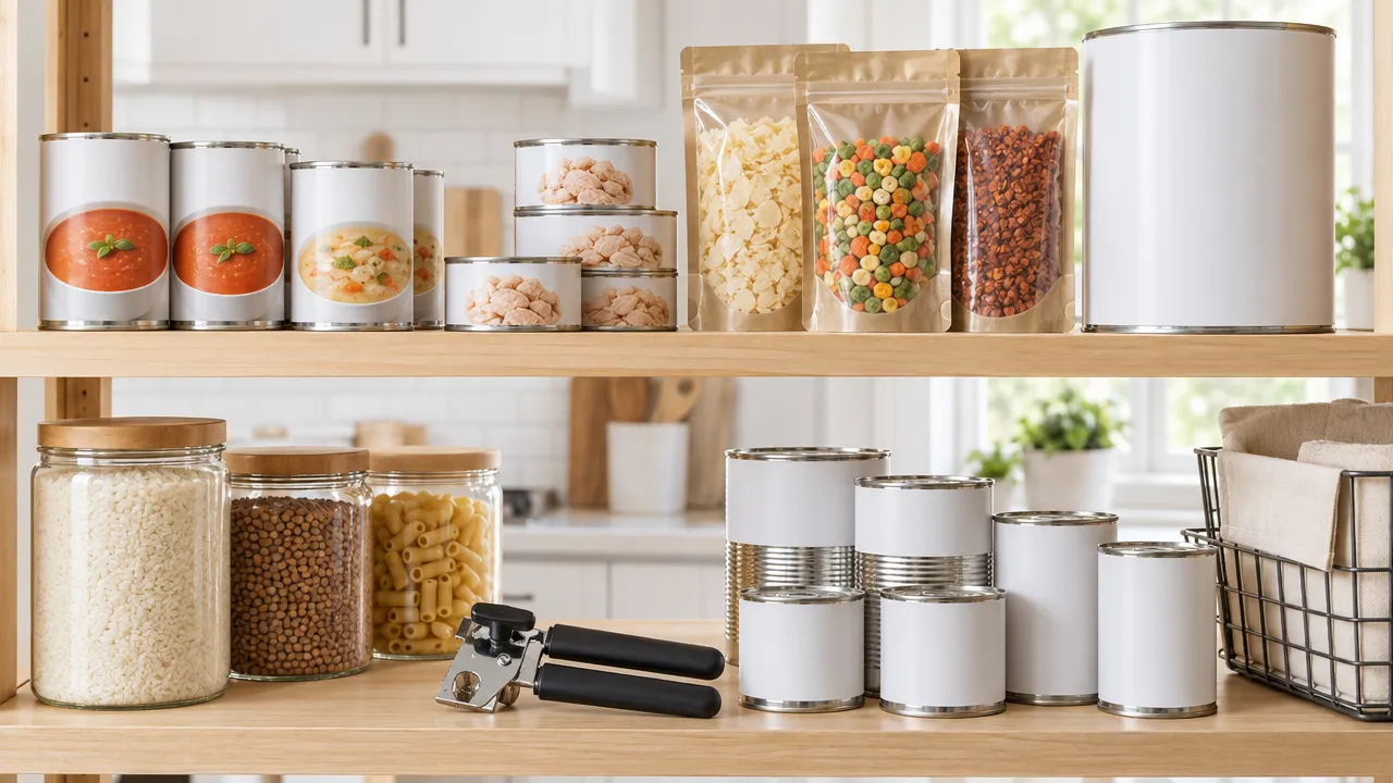 Pantry shelf stocked with canned and freeze-dried emergency food
