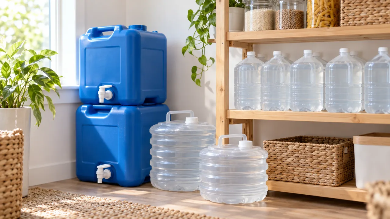 Stacked water storage containers on a pantry shelf